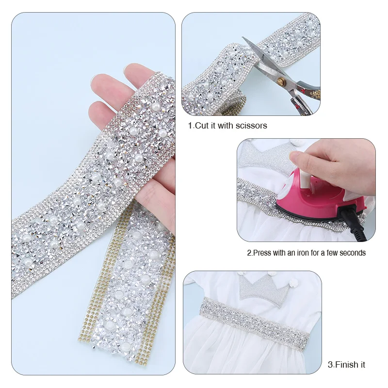 QIAO Rhinestone Trim Pearl Crystal Tape Iron/Glue on DIY Decorative Chain Ribbon For Rhinestones Trims Garment Decorations