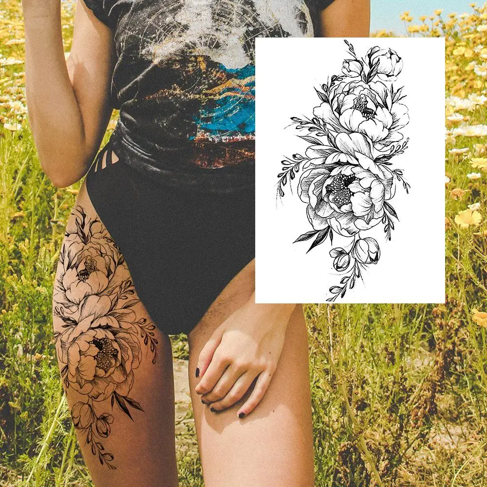 여성용 섹시한 꽃 임시 문신, 바디 아트 페인팅, 팔 다리 문신 스티커, 현실적인 가짜 검은 장미, 방수 문신