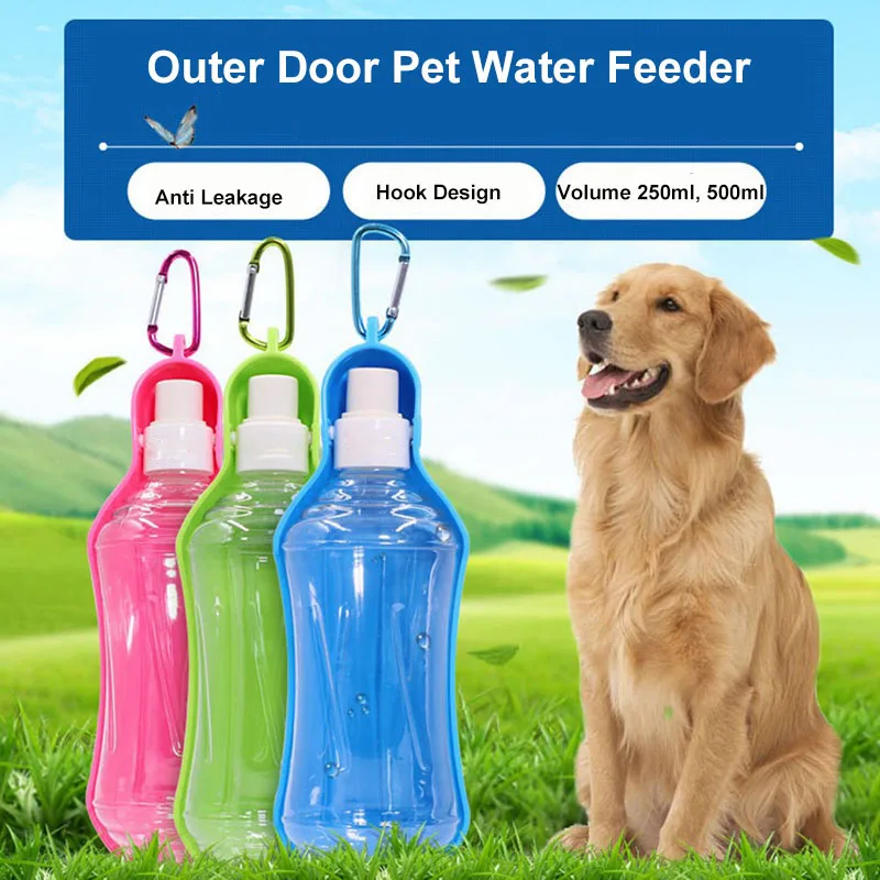 Botella de agua deportiva para perro y gato, dispensador automático de agua lenta, tazón de viaje de plástico, 500ml y 250ml