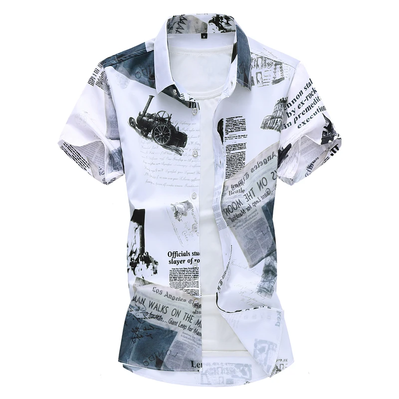 Summer New White Blue Short Sleeve Printed Shirt, Men\'s Fashion Casual Shirts, Asian Size Fashion Casual Tops Camisa S-5XL 6XL