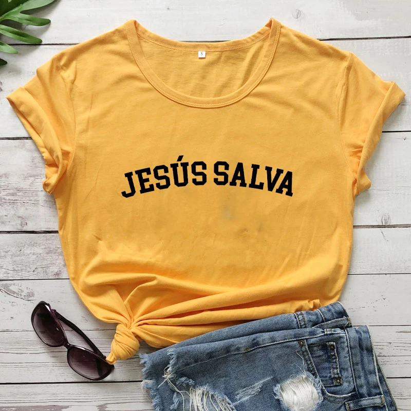 JESUS SALVA Spanish T-shirt Christian Shirts Religion faith Tee Women fashion Casual pure cotton vintage top