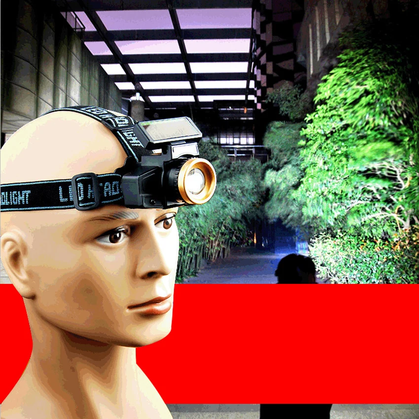 ไฟหน้า LED, การชาร์จพลังงานแสงอาทิตย์, น้ำหนักเบา, ไฟหน้าแบบซูมได้, 3โหมดสำหรับการตั้งแคมป์, การเดินป่า, กลางแจ้ง, ไฟฉุกเฉิน