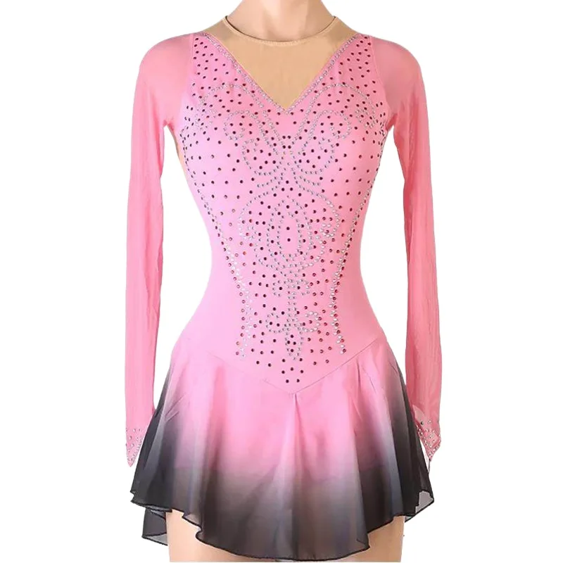 

LIUHUO Skating Dress Long Sleeve Pink Spandex Dress for Girls Mesh Rhinestone Performance Wear for Competition Dance Costume