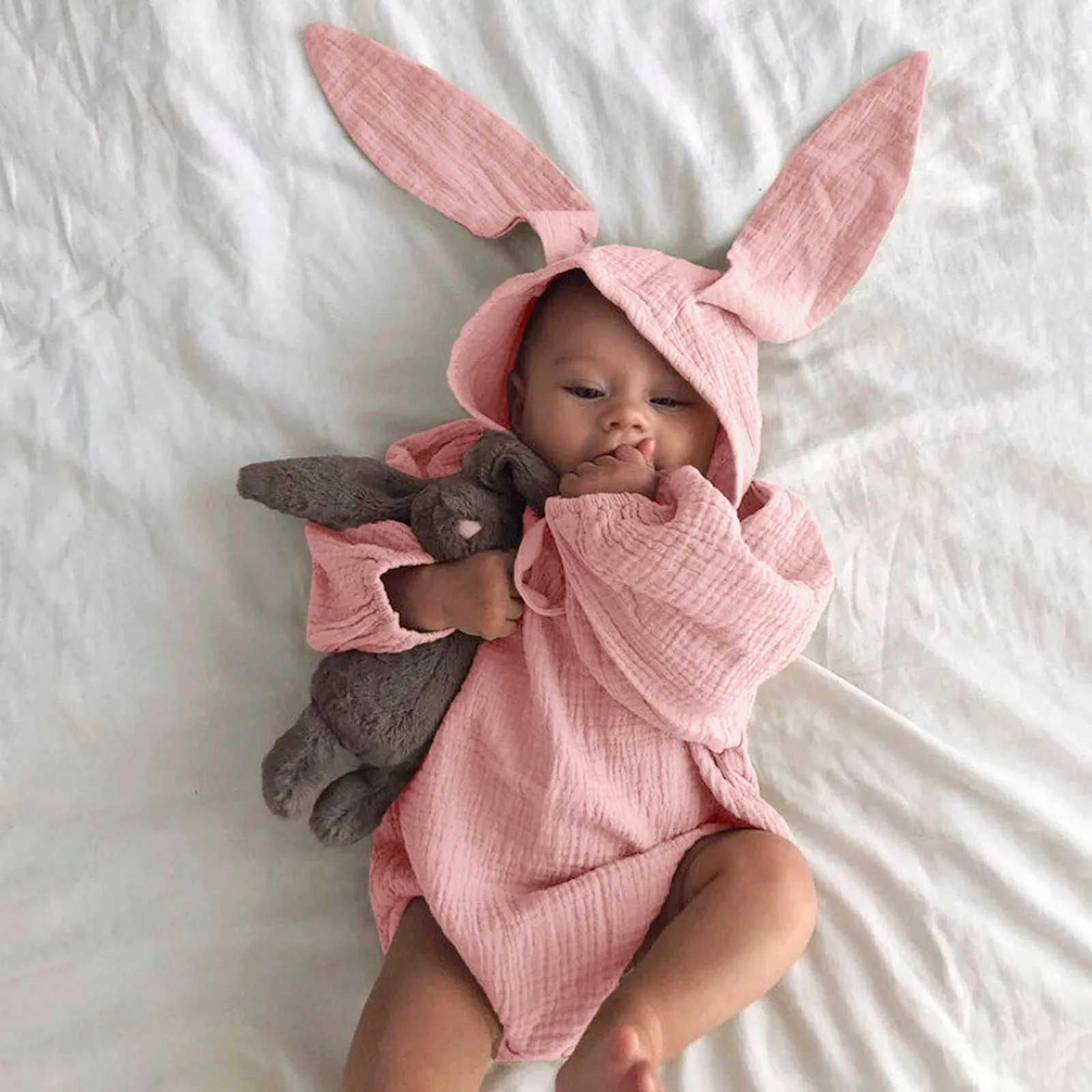 0 3 6 9 12 18 Months Newborn Baby Boy Girls Rompers Linen Clothes Bunny Ear Hat Romper Bodysuit Jumpsuit Infant Baby Clothing