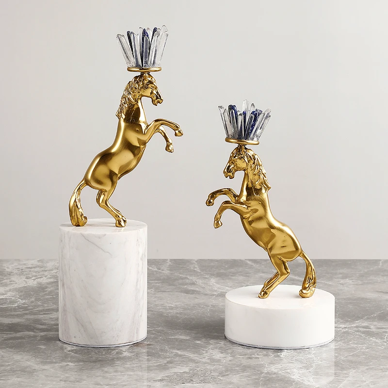 Luxtry Golden Brass Angry War Horse Figure Sculpture Marble Animal  Ornaments Crystal Statue Interior Decoration Home Furnishing