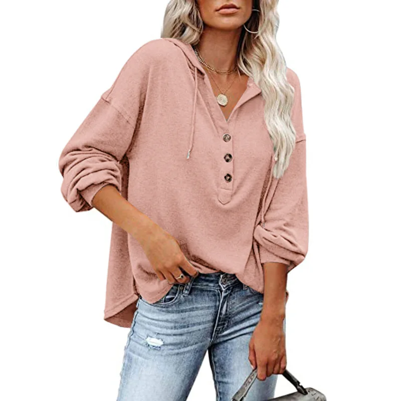 XXL Ladies Hooded Top Women's Clothing Button Blouse Ladies Autumn and Winter New Casual Loose Solid Color Hoodie Sweater Hoody