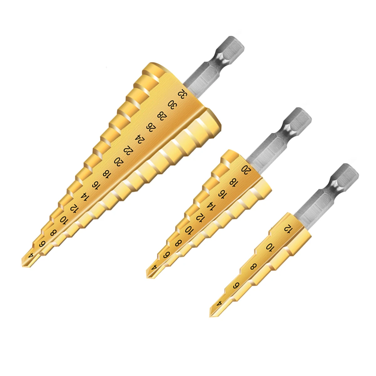 Step Drill Bit 3pcs 4-12/20/32mm HSS Steel Step Cone Cut Set Tools Titanium Coated Wood Metal High Speed Drill Bit Prostormer