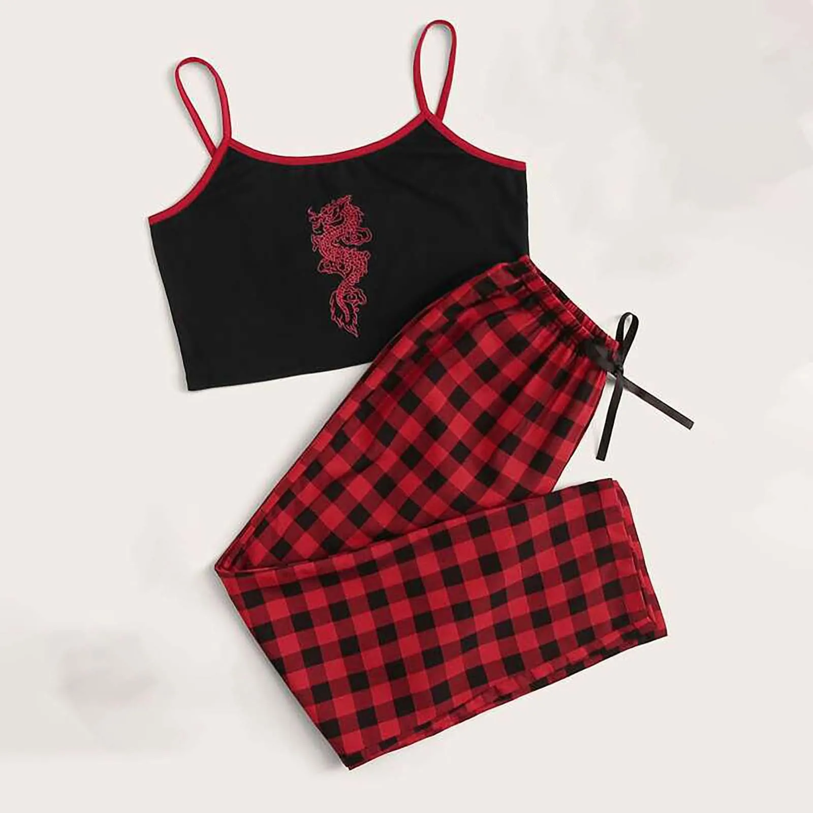 

Summer Pajama Sets Dragon Plaid Print Sleepwear Suit Women Vest Camis Short Pant Lingerie Underwear Nightdress Pyjama Home Wear