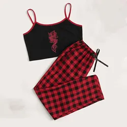 Summer Pajama Sets Dragon Plaid Print Sleepwear Suit Women Vest Camis Short Pant Lingerie Underwear Nightdress Pyjama Home Wear