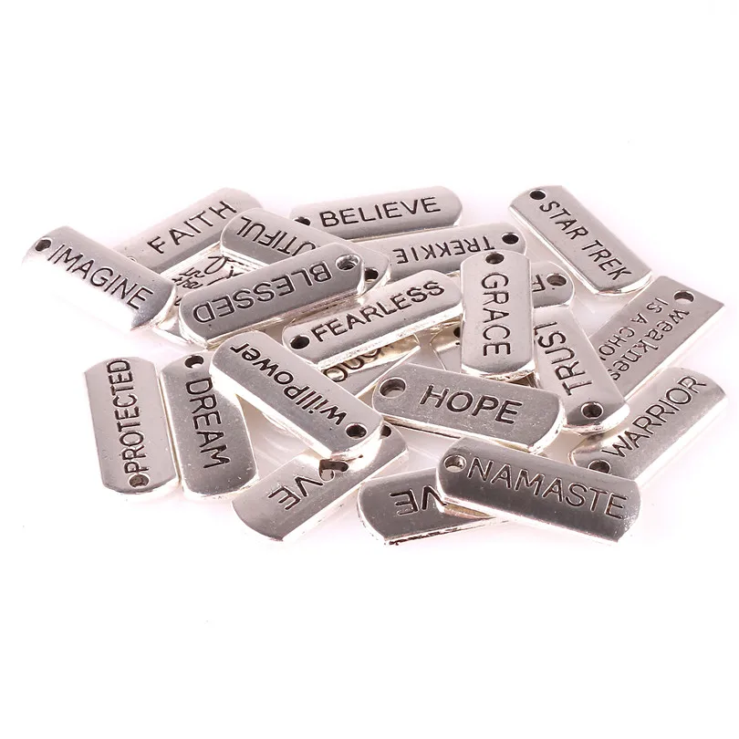 24pcs/lot Word Tags Pendant Charms Antique Silver Color Blessed Faith Believe Trust Family Namaste Fearless Dream Hope Charms