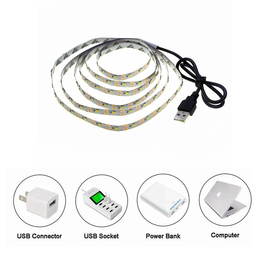 USB LED Light Strip Flexível, Iluminação de fundo TV, DIY, RGB, mutável, 5V, SMD2835, 50cm, 1m, 2m, 3m, 4m, 5m