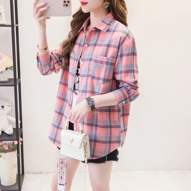 2023 New Fashion Loose Womens Plaid Shirt Fresh College Style Design Blouses And Tops Long Sleeve Casual Female Checked Clothes