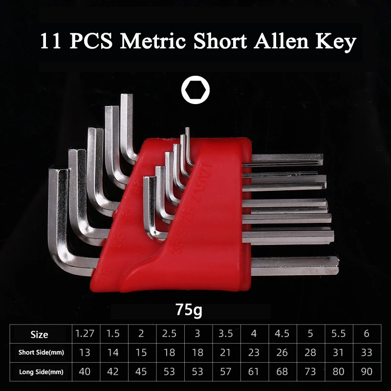 Bộ 11 Bộ Chìa Lục Giác 0.05 "- 1/4" Inch & 1.27Mm-6Mm Hệ Mét SAE Kích Thước allen Cờ Lê Crôm Vanadi Thép Không Gỉ Tay Ngắn Dụng Cụ