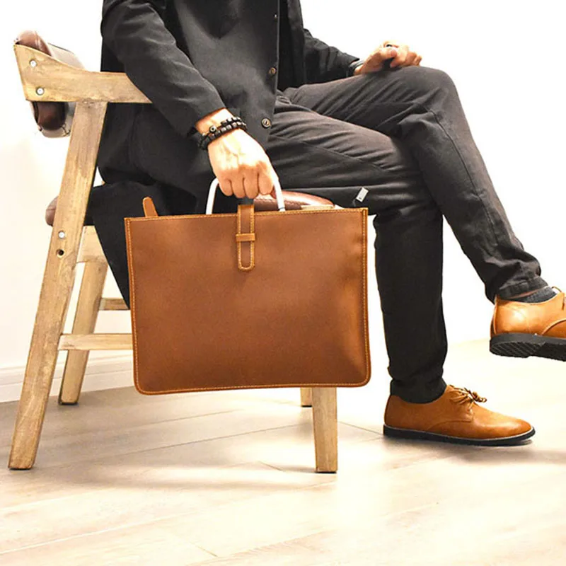 Crazy Horse Skin Men's Business Briefcase Genuine Leather Laptop Bags Vintage Luxury Men Brown Leather Shoulder Office Work Bag