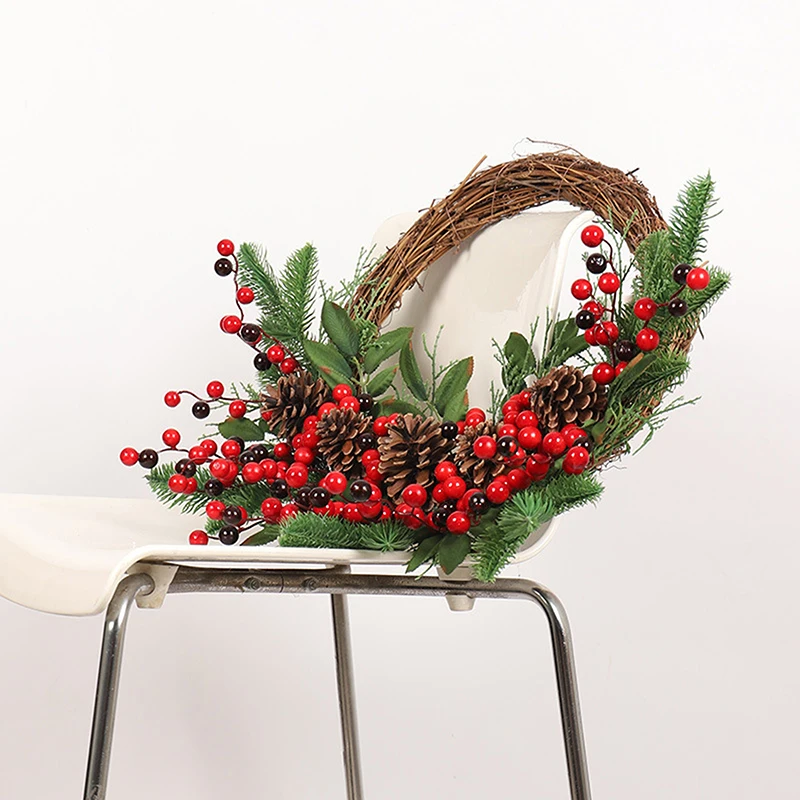 Christmas Rattan Wreath Pine Natural Branches Berries&Pine Cones  Christmas Wreath Supplies Home Door Decoration For New Year\'s