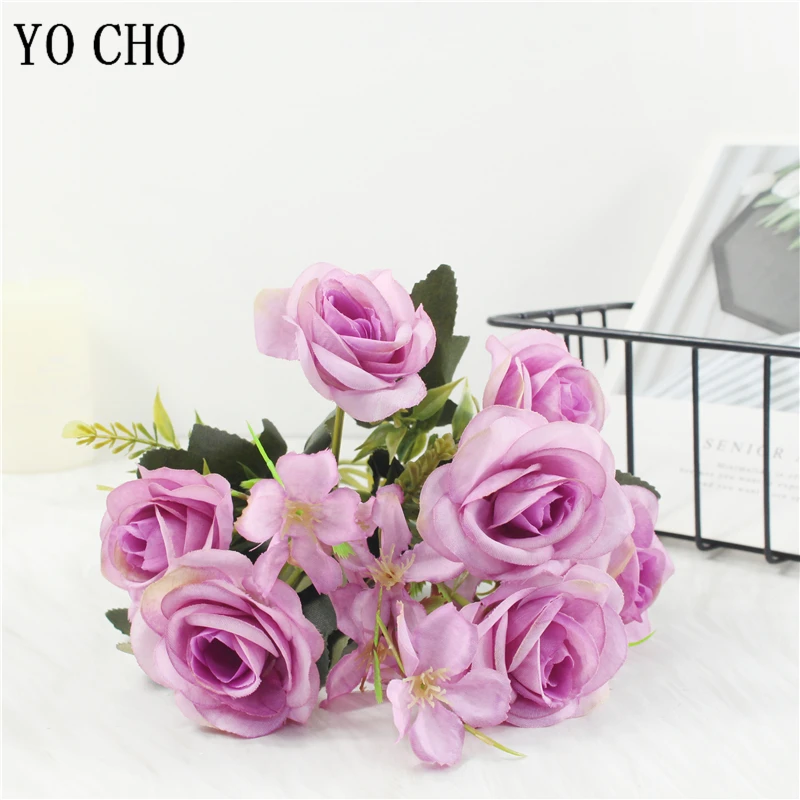 YO CHO1 Bunch 7 Forks Rose Hydrangea Silk Flower Artificial Flowers Rose Holding Wedding Bouquet For Home Party Table Decoration