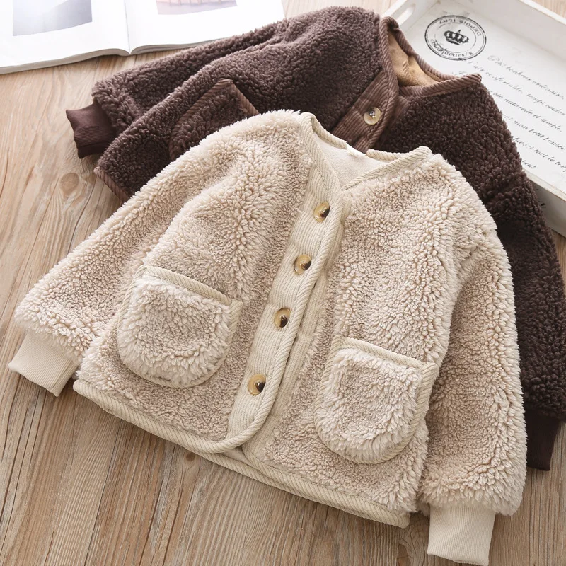 2022 Fall Winter Korean Boys Clothes For Girls Cardigan Granular Velvet  Loose Lamb Velvet Warm Children\'s Jacket Coat For Girls