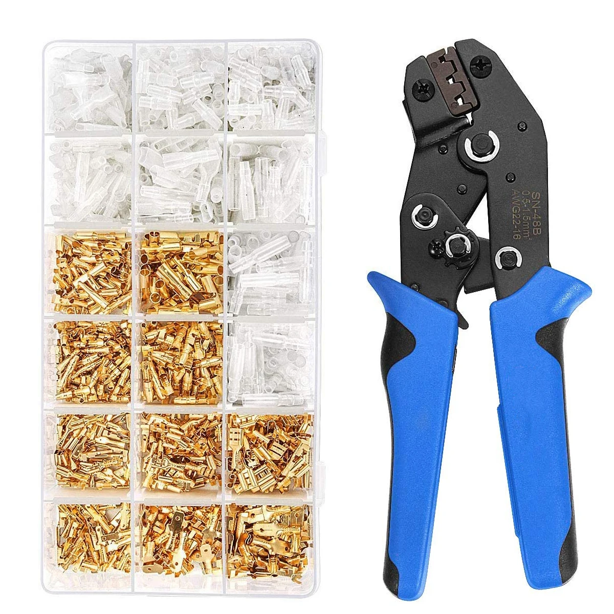 

Wire Terminal Crimping Tool Kit,Ratcheting Wire Crimper AWG 22-16(0.5-1.5mm²) with 500PCS Female Male Spade Connectors & Bullet