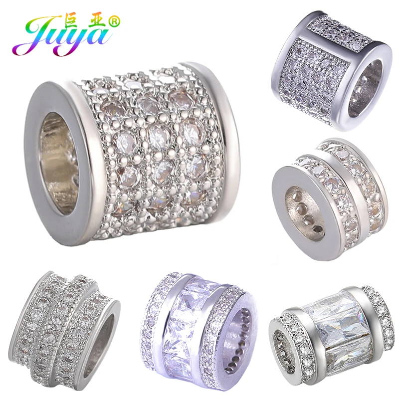 Juya DIY Metal Spacer Beads Supplies Micro Pave Champagne Zircon Big Hole Charm Beads For Handmade Natural Stone Jewelry Making