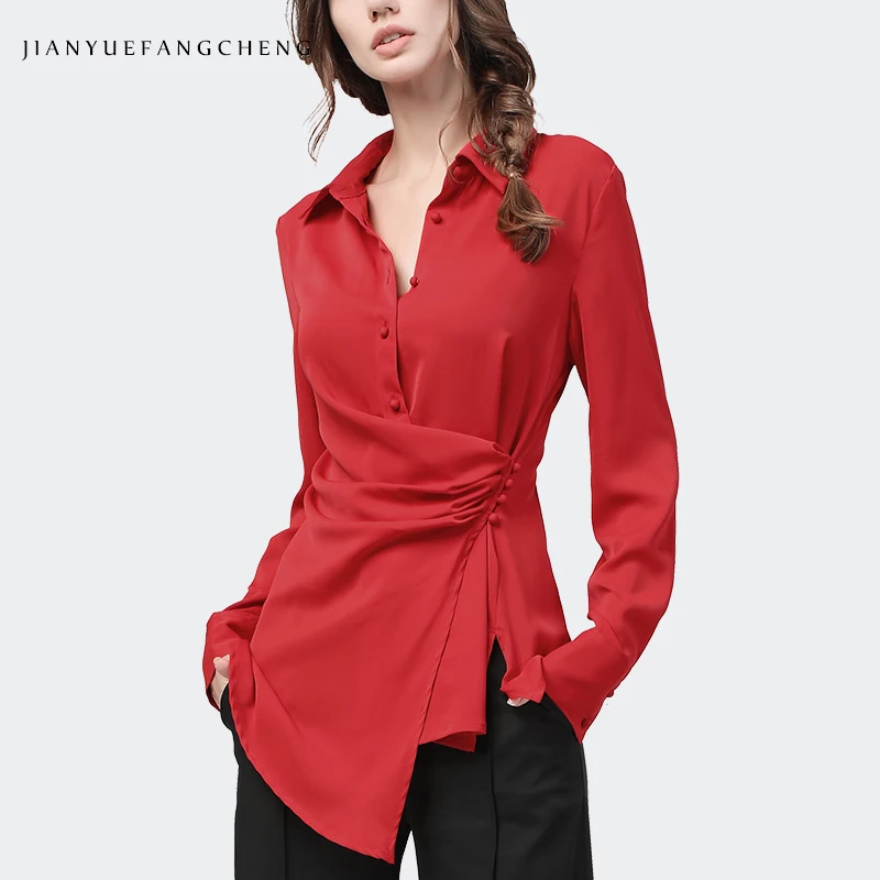 Women Long Sleeve Solid Color Turn-down Collar Asymmetrial Design Button Shirt Slim Fit Tunic Tops 2022 Autumn Ladies Clothing