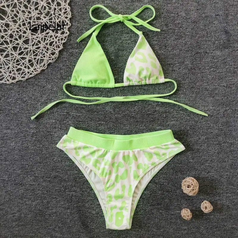 2021 New Leopard Pattern Digital Print Strip Cloth High Waist Split Beach Summer Swinning Bikini Set