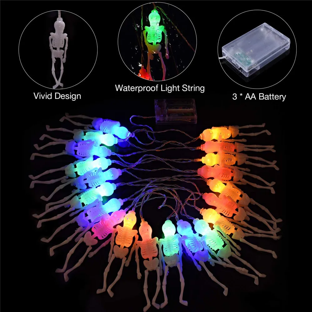 Luzes de cabeça fantasma de esqueleto, alimentadas por bateria, 10, 20 ou 40leds, decoração de halloween, natal, festa, decoração