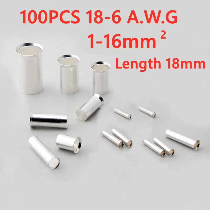 100PCS 18mm length non-insulated wire connector ferrule cable terminal bare copper silver-plated crimp terminal 1-16mm 18-6A.W.G