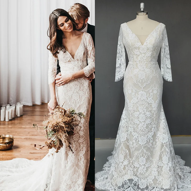 #10331 Sweep Train Half Sleeve Romantic Mermaid Wedding Dress V-Neck Open Back Bohemian Lace  Bridal Photoshoot Gown Custom Made