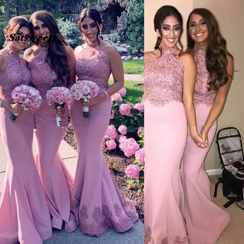 

Blush Pink Mermaid Bridesmaid Dresses Halter Beaded Floor Length 2024 Newest African Plus Size Maid of Honor Gown Wedding Guest