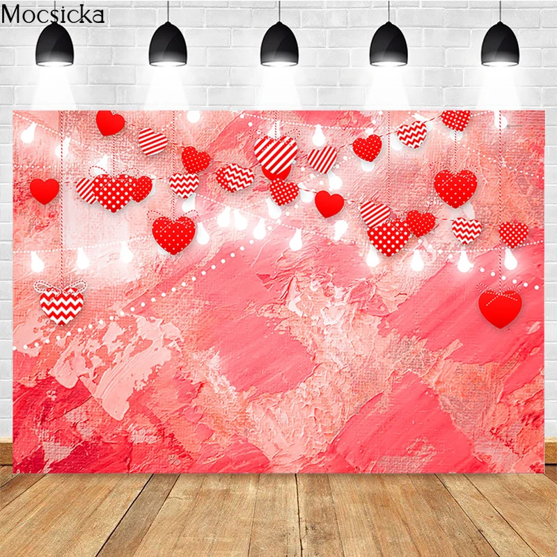 Mocsicka Valentine's Day Photography Background Pink Wall Love Lamp String Decoration Props Bridal Shower Photo Backdrop Banner