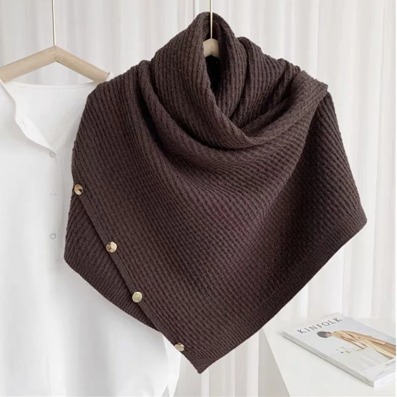 Button Solid Winter Women Poncho Cappa Scarf Rectangle Knitted Pashmina Shawl Wraps Shrugs Bufandas Sjaal Sciarpa Donna Inverno