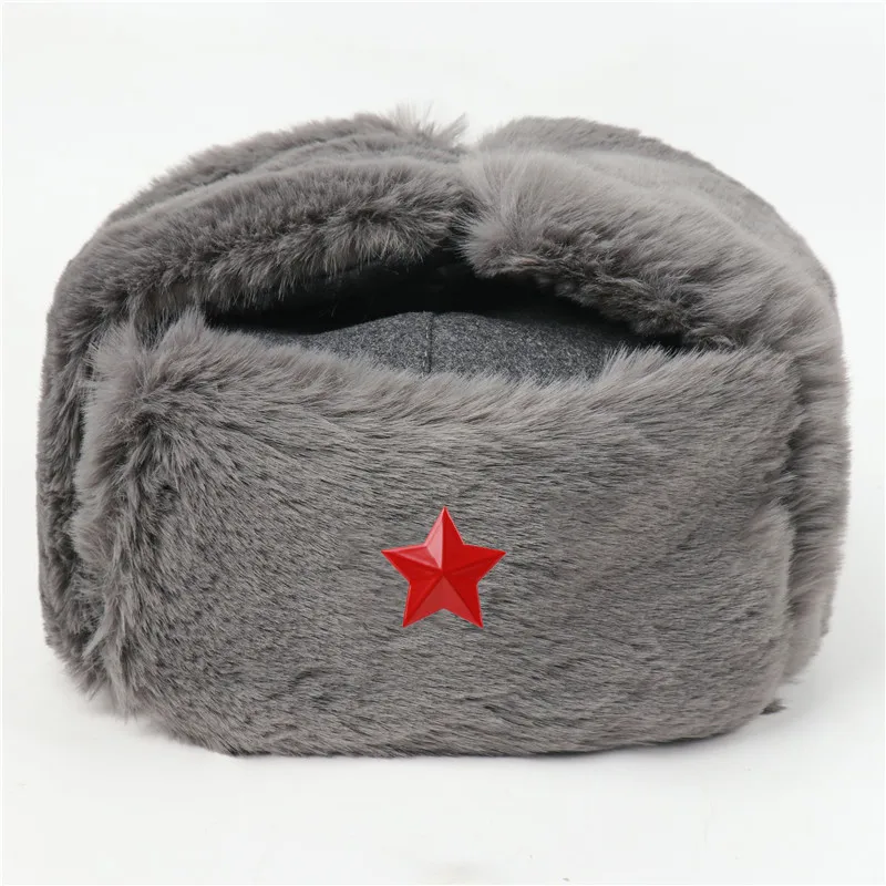 CAMOLAND Soviet Army Military Badge Winter Hat For Women Men Warm Bomber Hats Thermal Faux Fur Russia Ushanka Earflap Caps