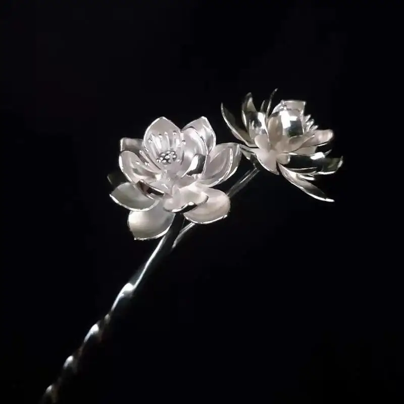 Designer original new lotus cleavage craft hairpin retro classic exquisite charm ladies jewelry silver jewelry