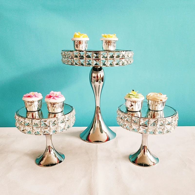 

3pcs gold or silver color Square diamond crystal wedding Cake Stand Metal Cupcake decorations