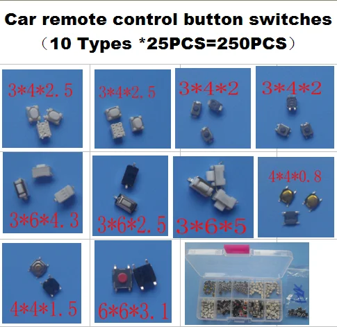 

10 Types * 25PCS Tactile Push Button Switch Micro Switch Car remote control button switches For Honda Hyunda VW Peugeot Toyota