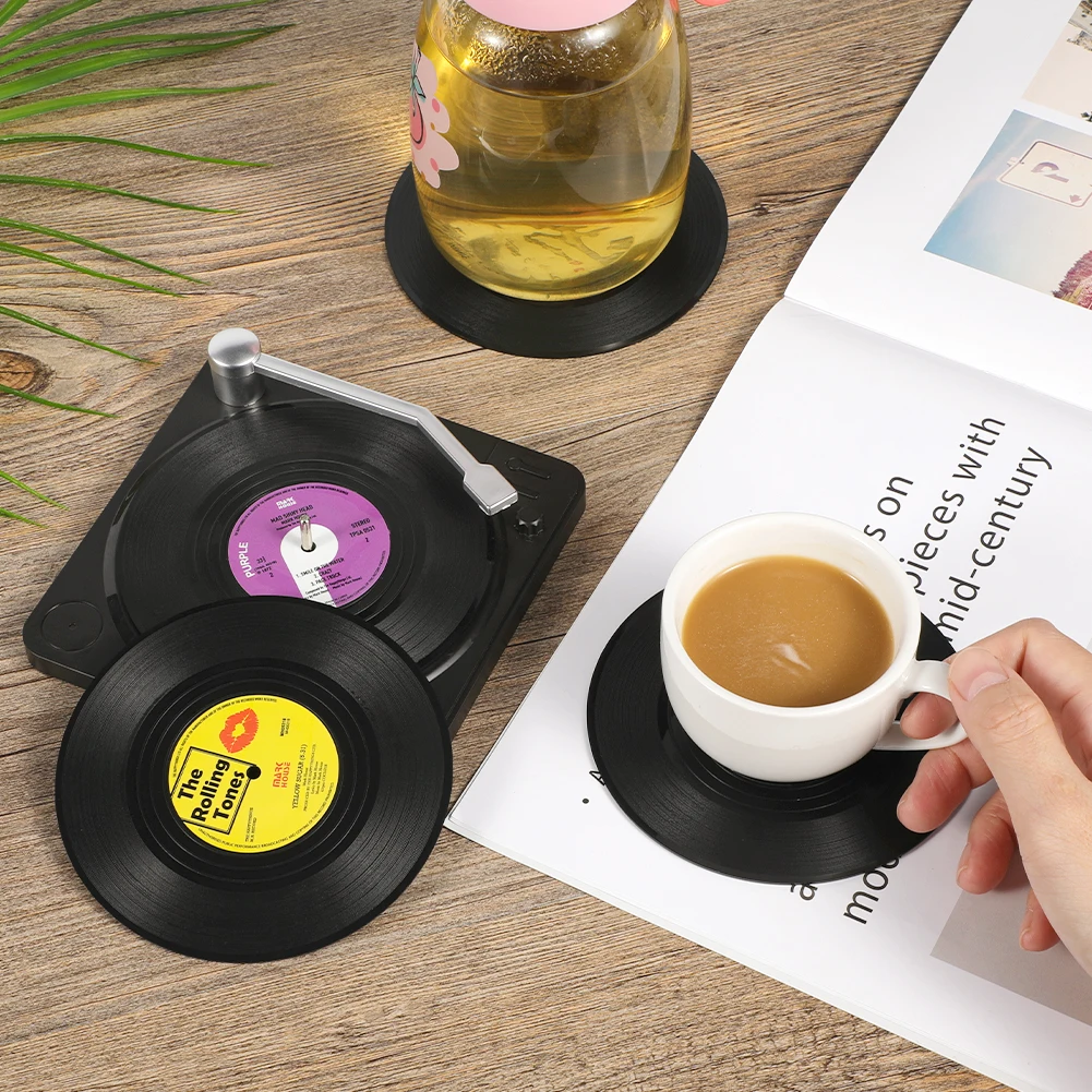 6pcs Coasters for Drinks Retro Record Funny Absorbent Novelty Vinyl Disk Coasters with Vinyl Record Player Holder Effective