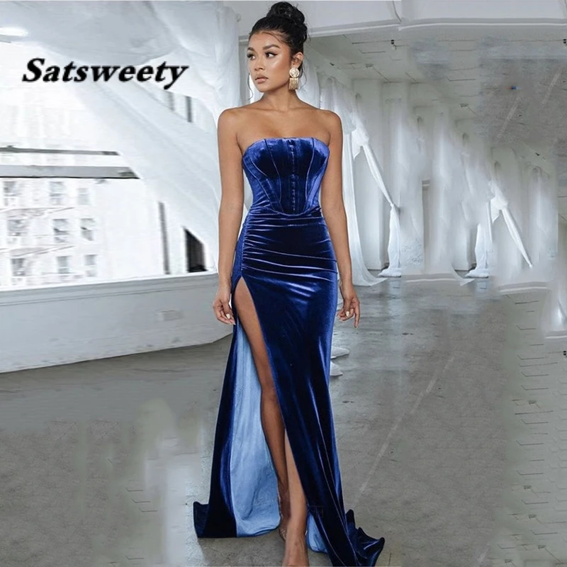 

Simple Blue Velvet Evening Dress Mermaid Sexy High Split Prom Party Gowns Plus Size Formal Women Dresses