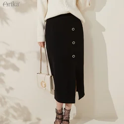 ARTKA 2021 Autumn New Women Skirt Elegant Sexy Side Spilt Knitted Skirts Elastic High Waist Black Midi Bandage Skirt QA20011D