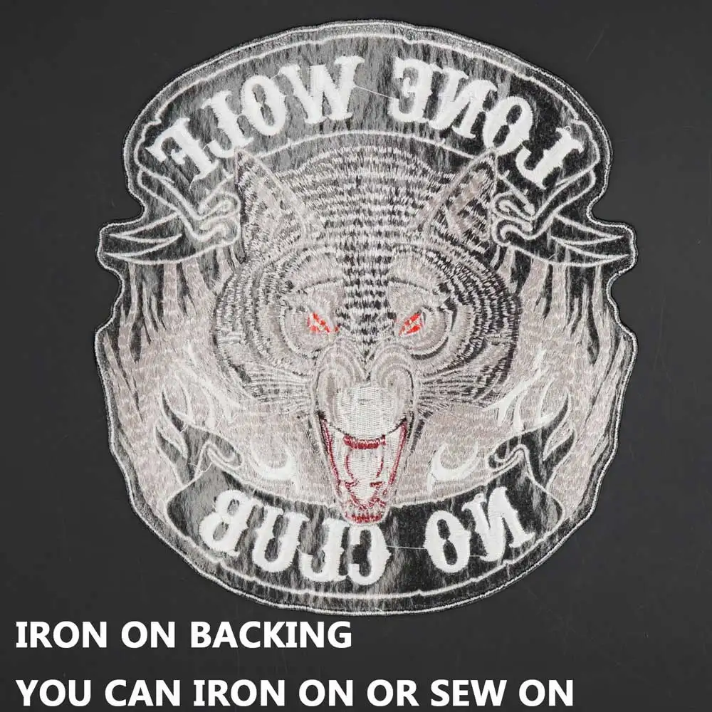 Lone Wolf No Club Patch da motociclista Punk con ricamo di grandi dimensioni per borse per cappelli di abbigliamento ferro sul retro