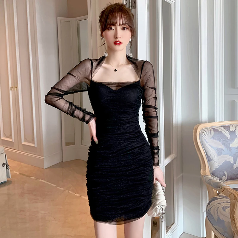 Fashion Autumn Korean Retro Folds Mini Party Club Dress Ladies Elegant Casual Sexy Square Collar Mesh Long Sleeve Bodycon Dress