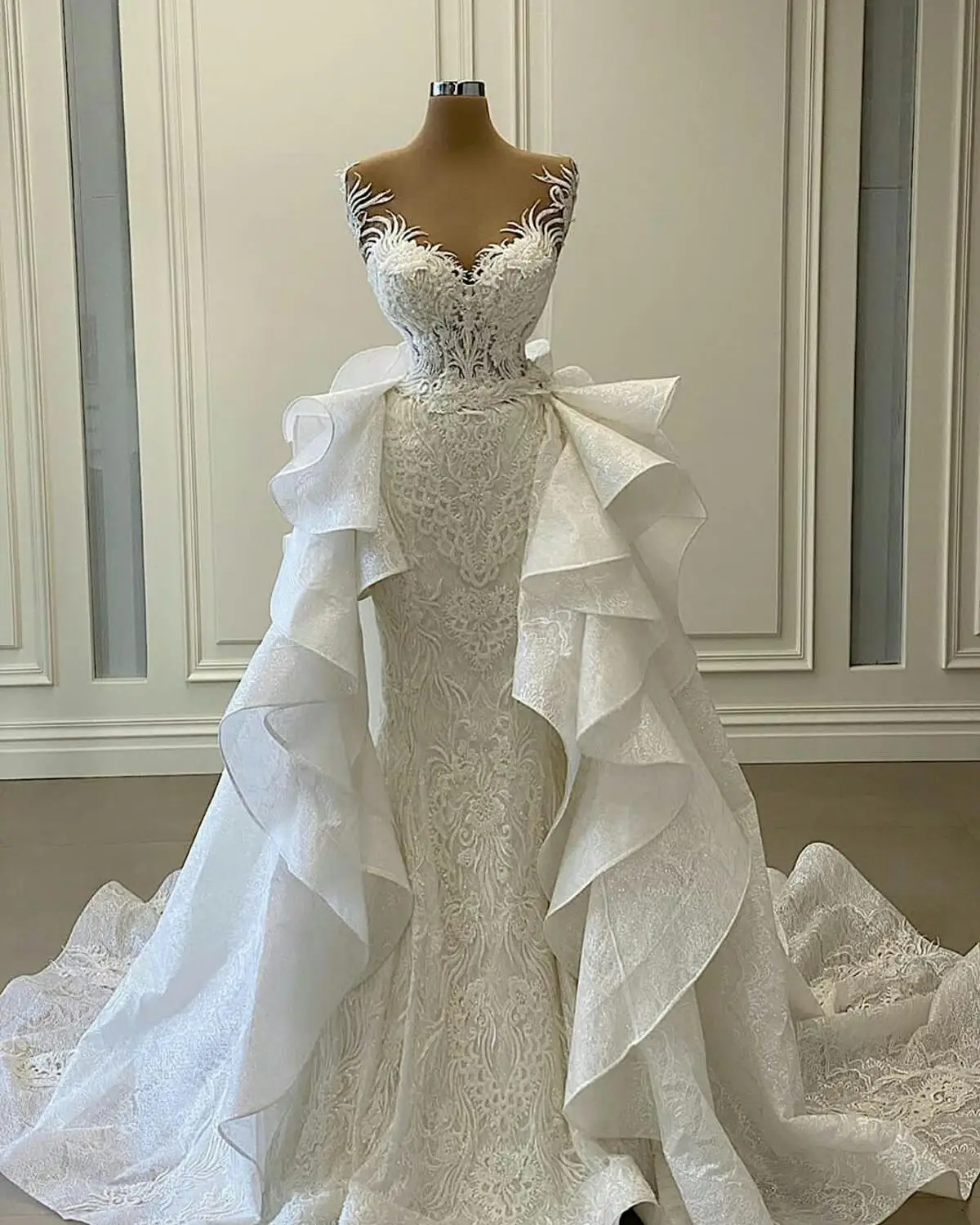 2021 Trắng Nàng Tiên Cá Váy Áo Có Thể Tháo Rời Tàu Xù Ren Appliqued Cô Dâu Đồ Bầu Plus Kích Thước Vestidos De Novia