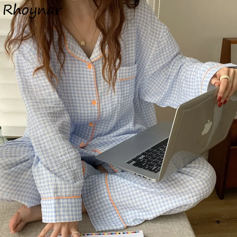 

Pajama Sets Women Korean Style Turn-down Collar Ins 2 Pieces Sleepwear Homewear College Tender Simple Cozy All-match Teens Chic