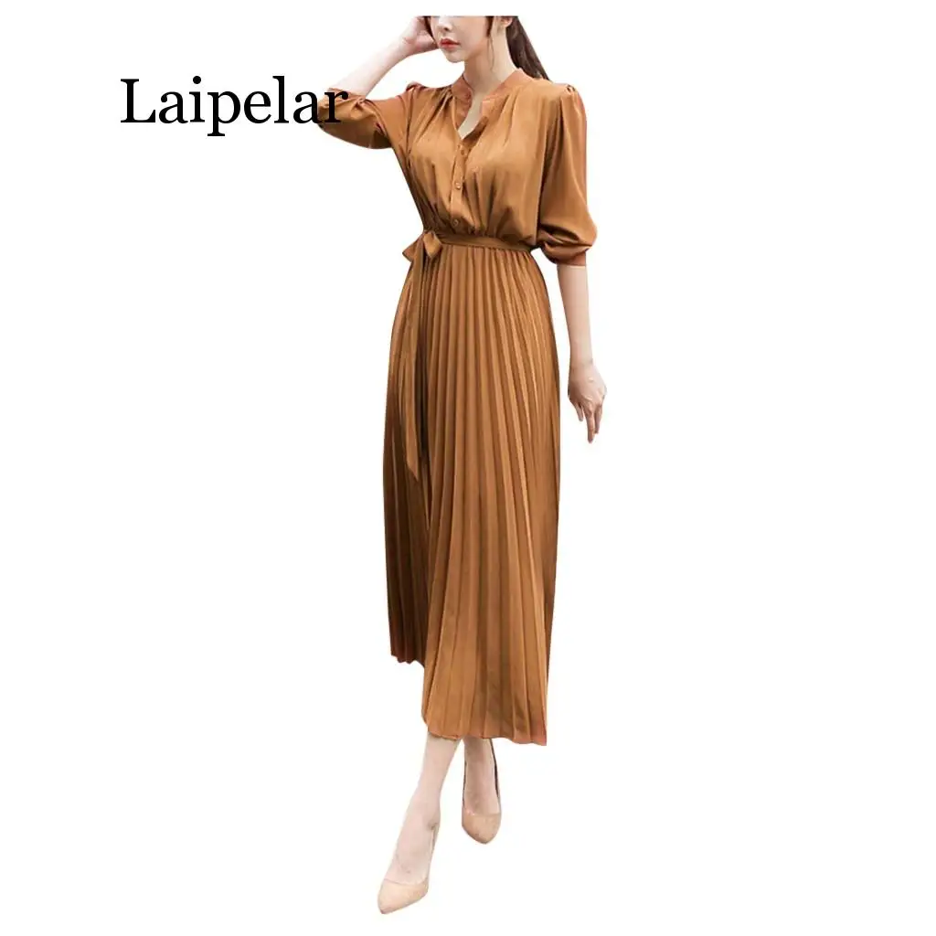 

Women's Casual Dress Solid O-Neck Dress Long Sleeve Girdle Swing Pleated Elegant Dress