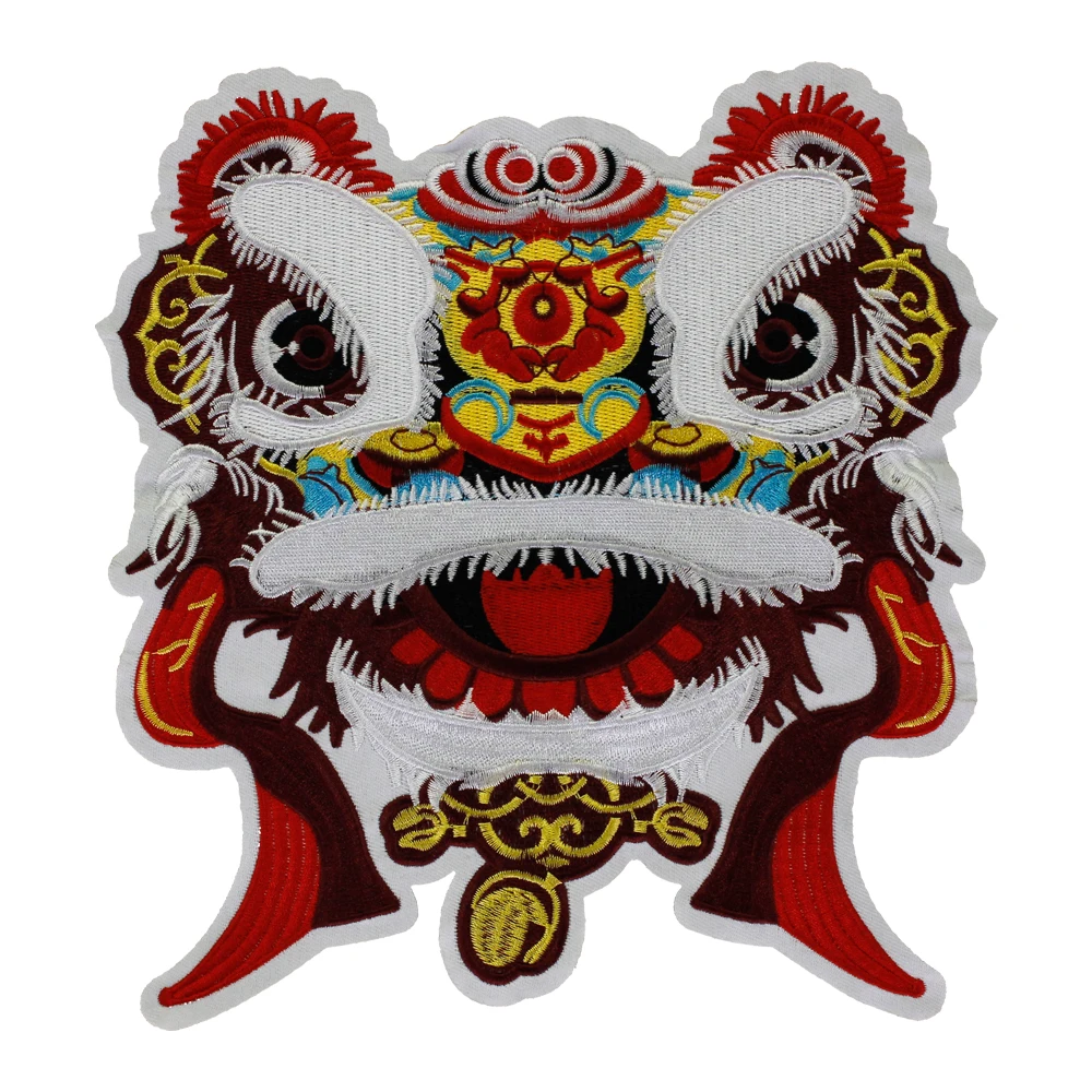 Large Chinese Style Dragon Embroidered Patch Peking Opera Figure Mask Dancing Lion Badge Applique Clothes Decor Sewing Accessory