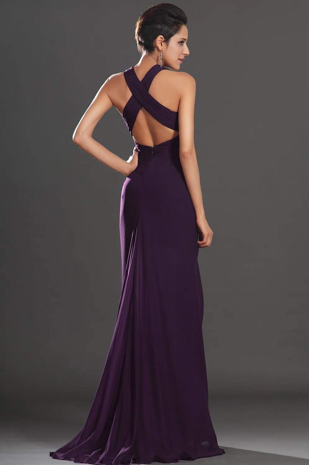 Sexy decote em v profundo longo novo roxo halter tribunal trem chiffon princesa com plissado formal robe de soiree vestidos de dama de honra