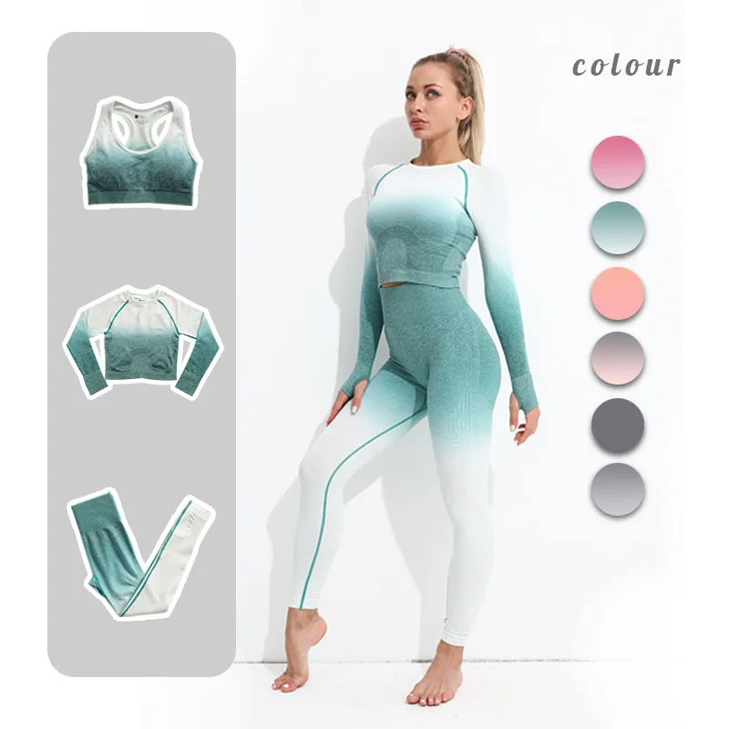 Long Sleeve Gradual Change Seamless Yoga Suit Running Fitness Yoga Pants High Waist Tight Women's Exercise Suit