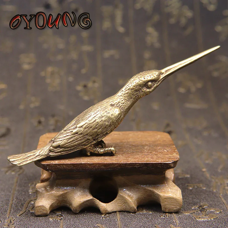 Antique Solid Copper Long Mouth Bird Small Statue Ornaments Classical Brass Animal Woodpecker Figurines Home Desk Decorations