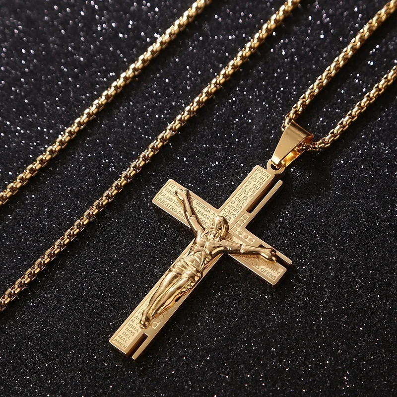 Men's Jesus Christ Crucifix Gold Plated Cross Religious Pendant Necklace with Chain Jewelry