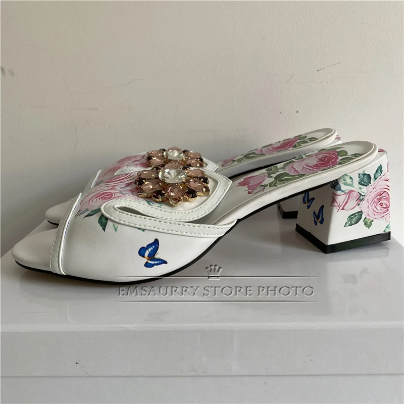 Print Butterfly-Flower Real Leather Sandals Women 10cm Square High Heel Open Toe Slingbacks Rhinestone Runway Mules