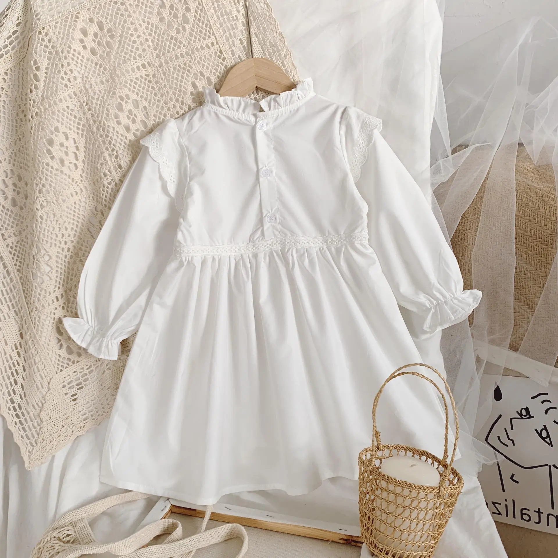 Baby Girl Princess Ruffle Dress White Long Sleeve Toddler Girl Cotton Vestido Vintage Party Wedding Pageant Baby Clothes 2-10Y